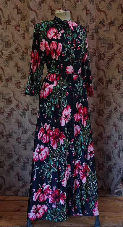 Rare Vintage 1940s Jersey Bold Floral Hostess Gown Lounge Dress Housecoat UK XS/S