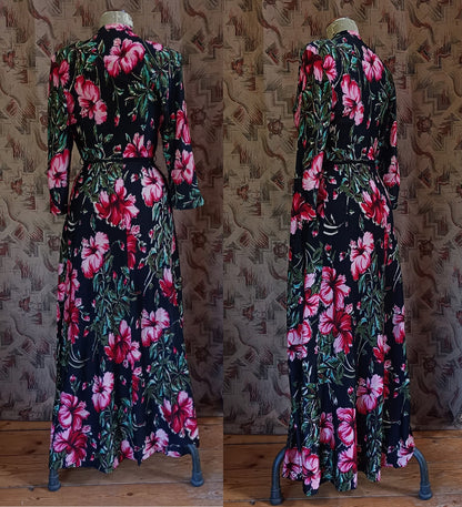 Rare Vintage 1940s Jersey Bold Floral Hostess Gown Lounge Dress Housecoat UK XS/S