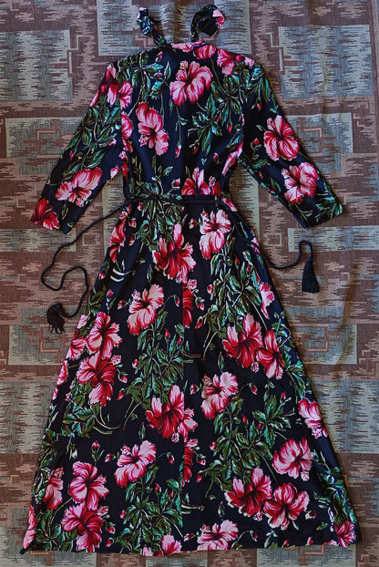 Rare Vintage 1940s Jersey Bold Floral Hostess Gown Lounge Dress Housecoat UK XS/S