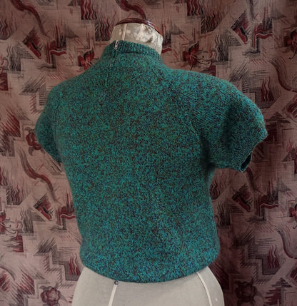 Original Vintage 1950s Hand Knitted Green Brown Marl Knit Wool Sweater UK M