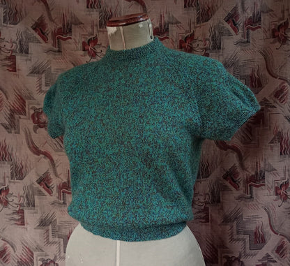 Original Vintage 1950s Hand Knitted Green Brown Marl Knit Wool Sweater UK M