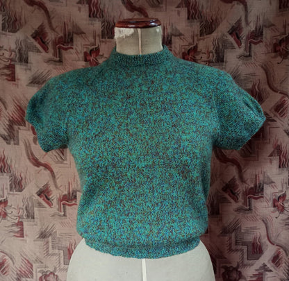 Original Vintage 1950s Hand Knitted Green Brown Marl Knit Wool Sweater UK M