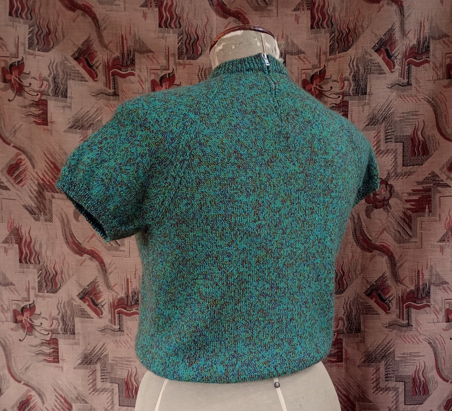 Original Vintage 1950s Hand Knitted Green Brown Marl Knit Wool Sweater UK M