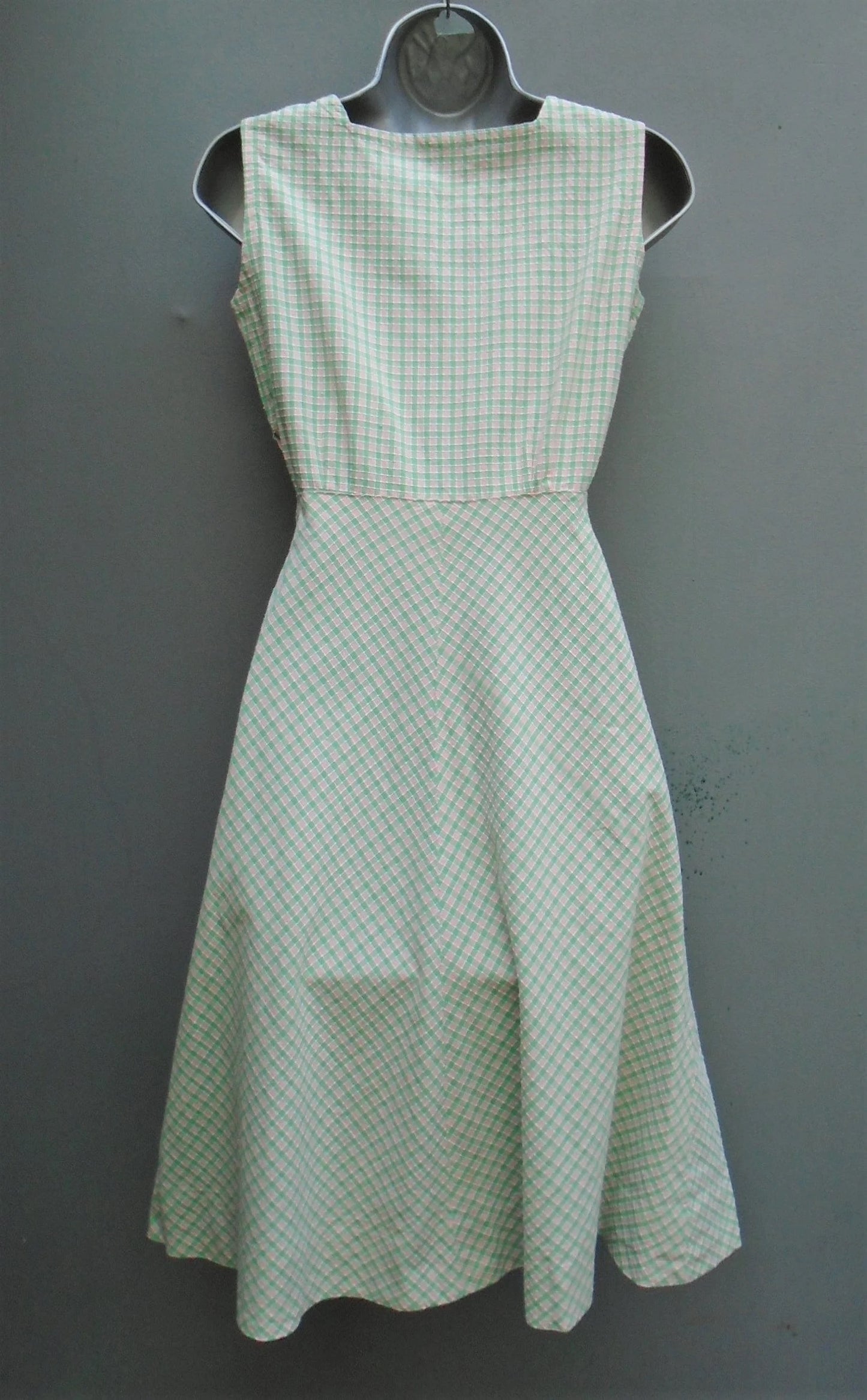 Vintage 1940s Pinafore Sun Dress Checked Cotton Sleeveless Novelty Pockets UK XS