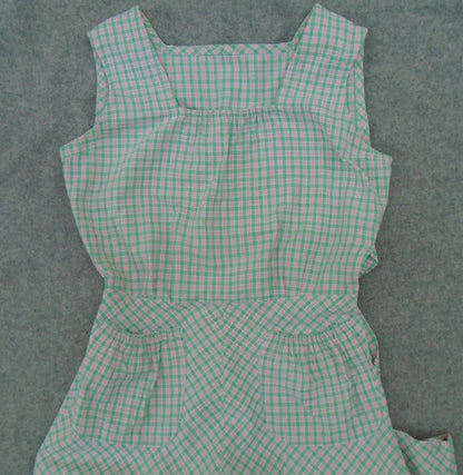 Vintage 1940s Pinafore Sun Dress Checked Cotton Sleeveless Novelty Pockets UK XS