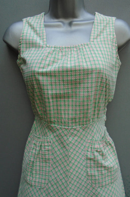 Vintage 1940s Pinafore Sun Dress Checked Cotton Sleeveless Novelty Pockets UK XS