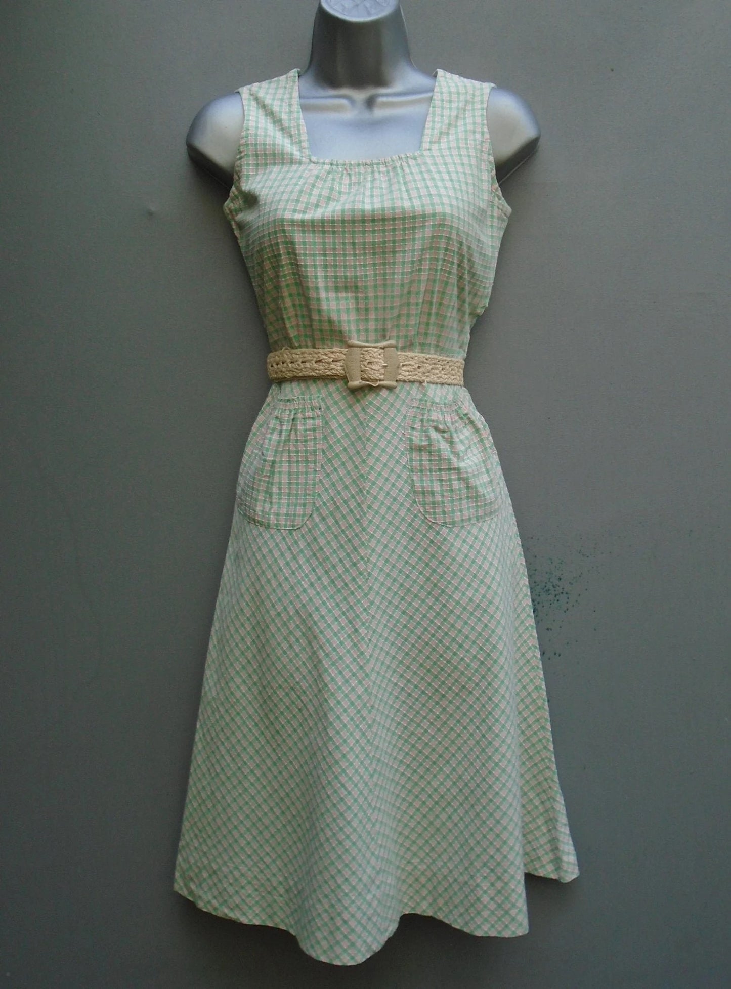 Vintage 1940s Pinafore Sun Dress Checked Cotton Sleeveless Novelty Pockets UK XS