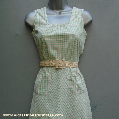 Vintage 1940s Pinafore Sun Dress Checked Cotton Sleeveless Novelty Pockets UK XS