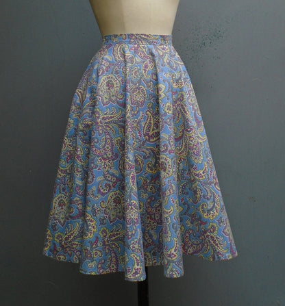 Original Vintage 1950s St. Michael Circle Skirt Paisley Printed Cotton Novelty Print UK S/M