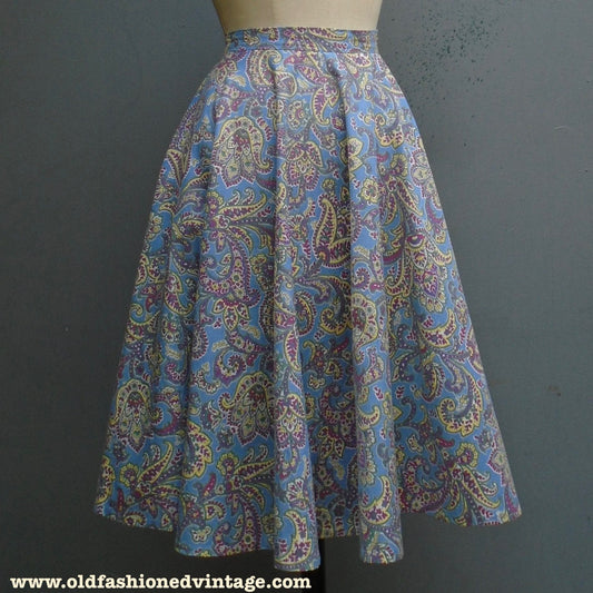 Original Vintage 1950s St. Michael Circle Skirt Paisley Printed Cotton Novelty Print UK S/M