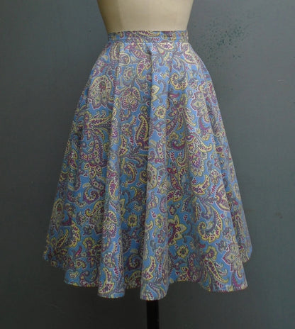 Original Vintage 1950s St. Michael Circle Skirt Paisley Printed Cotton Novelty Print UK S/M