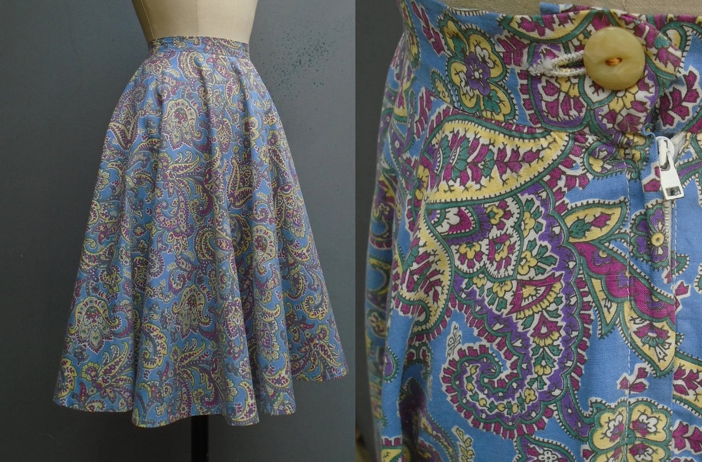 Original Vintage 1950s St. Michael Circle Skirt Paisley Printed Cotton Novelty Print UK S/M