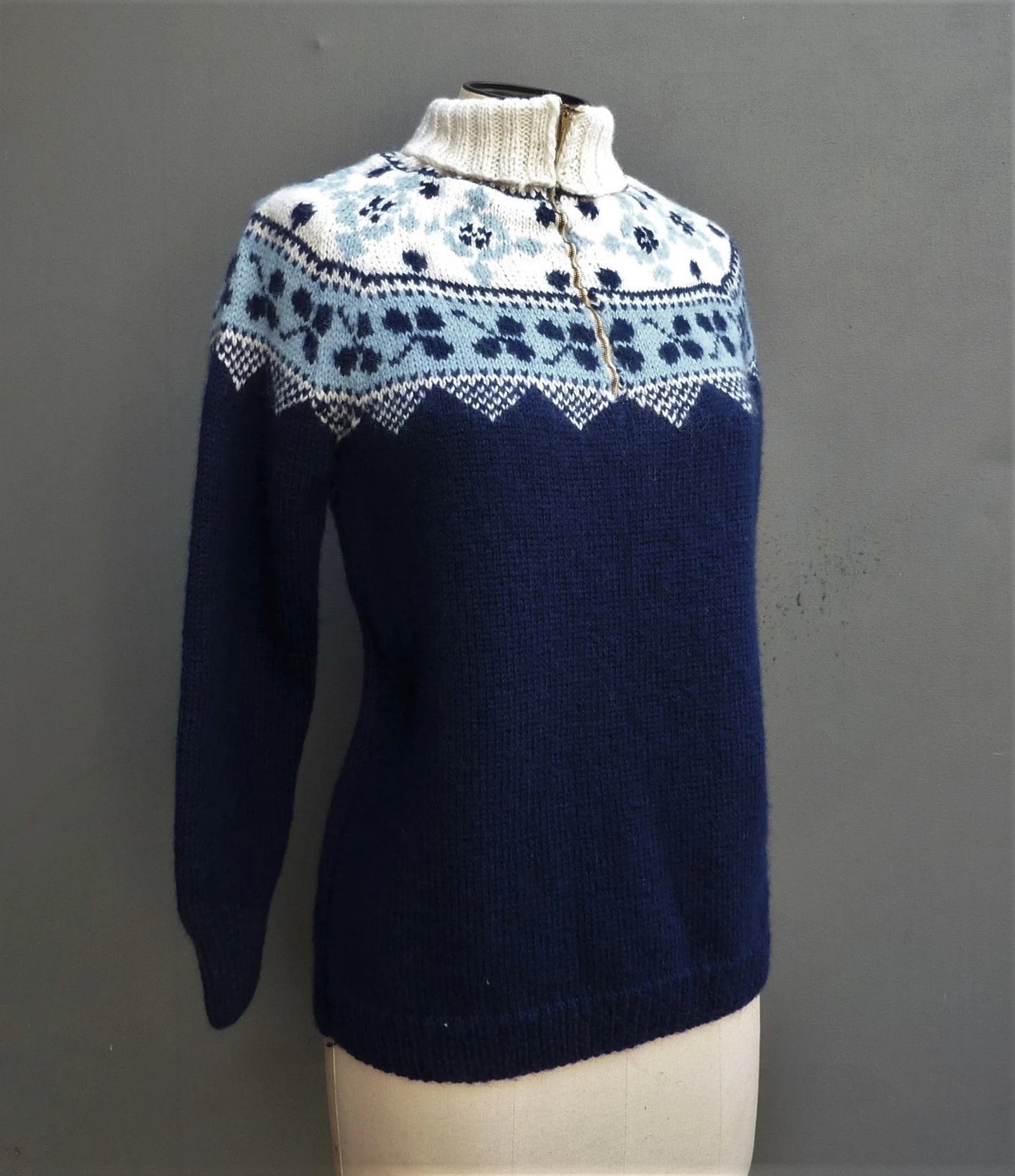 Vintage 1960s Hand Knitted Wool Jumper Zip Roll Turtle Neck Ski Sweater UK M