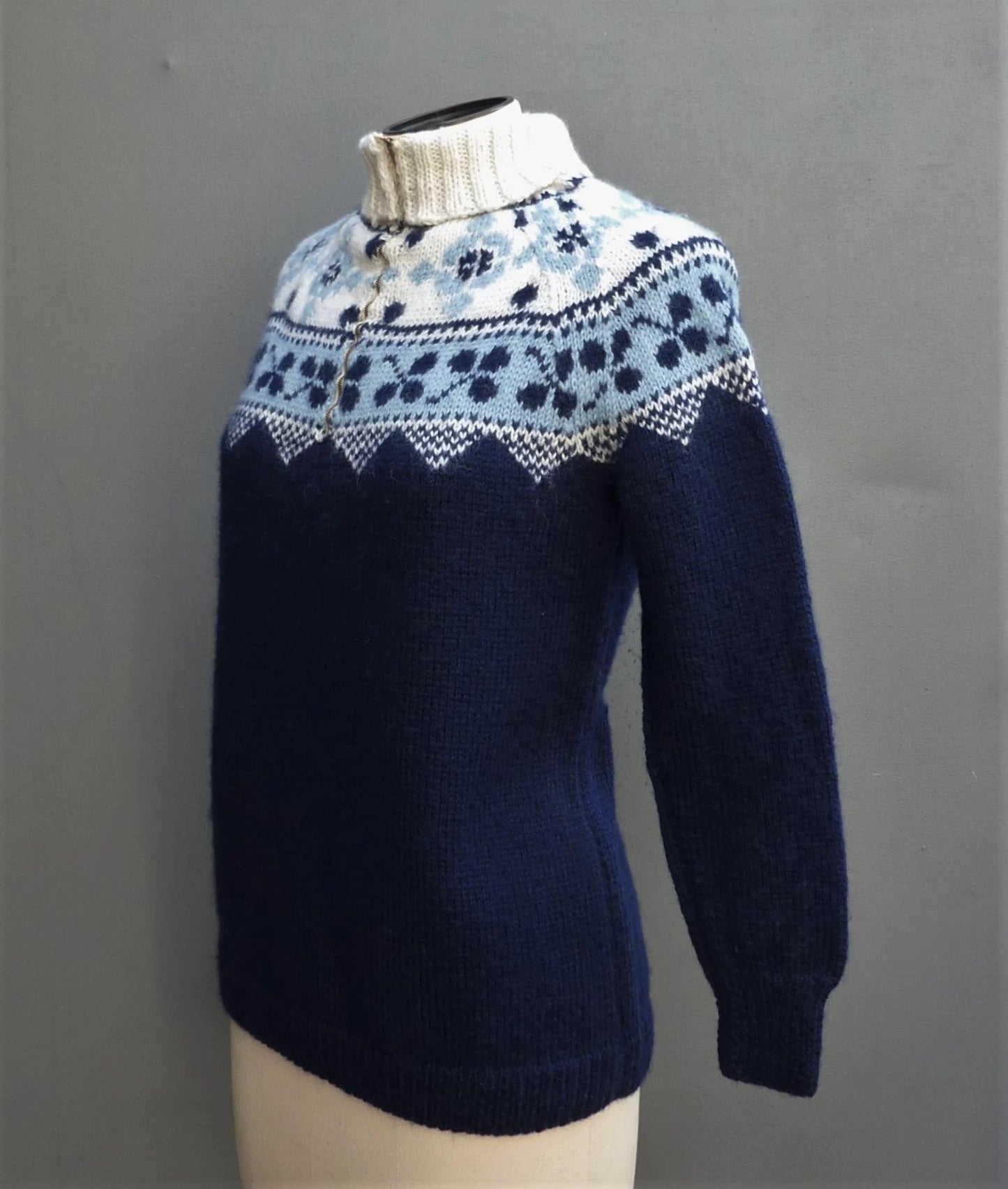 Vintage 1960s Hand Knitted Wool Jumper Zip Roll Turtle Neck Ski Sweater UK M