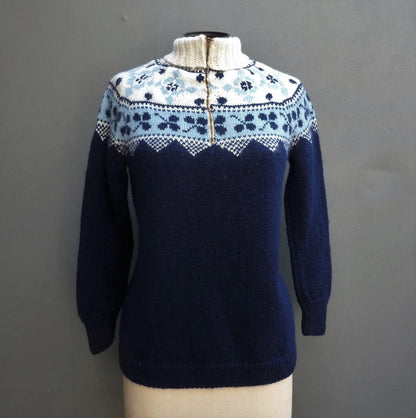 Vintage 1960s Hand Knitted Wool Jumper Zip Roll Turtle Neck Ski Sweater UK M