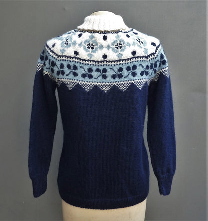 Vintage 1960s Hand Knitted Wool Jumper Zip Roll Turtle Neck Ski Sweater UK M