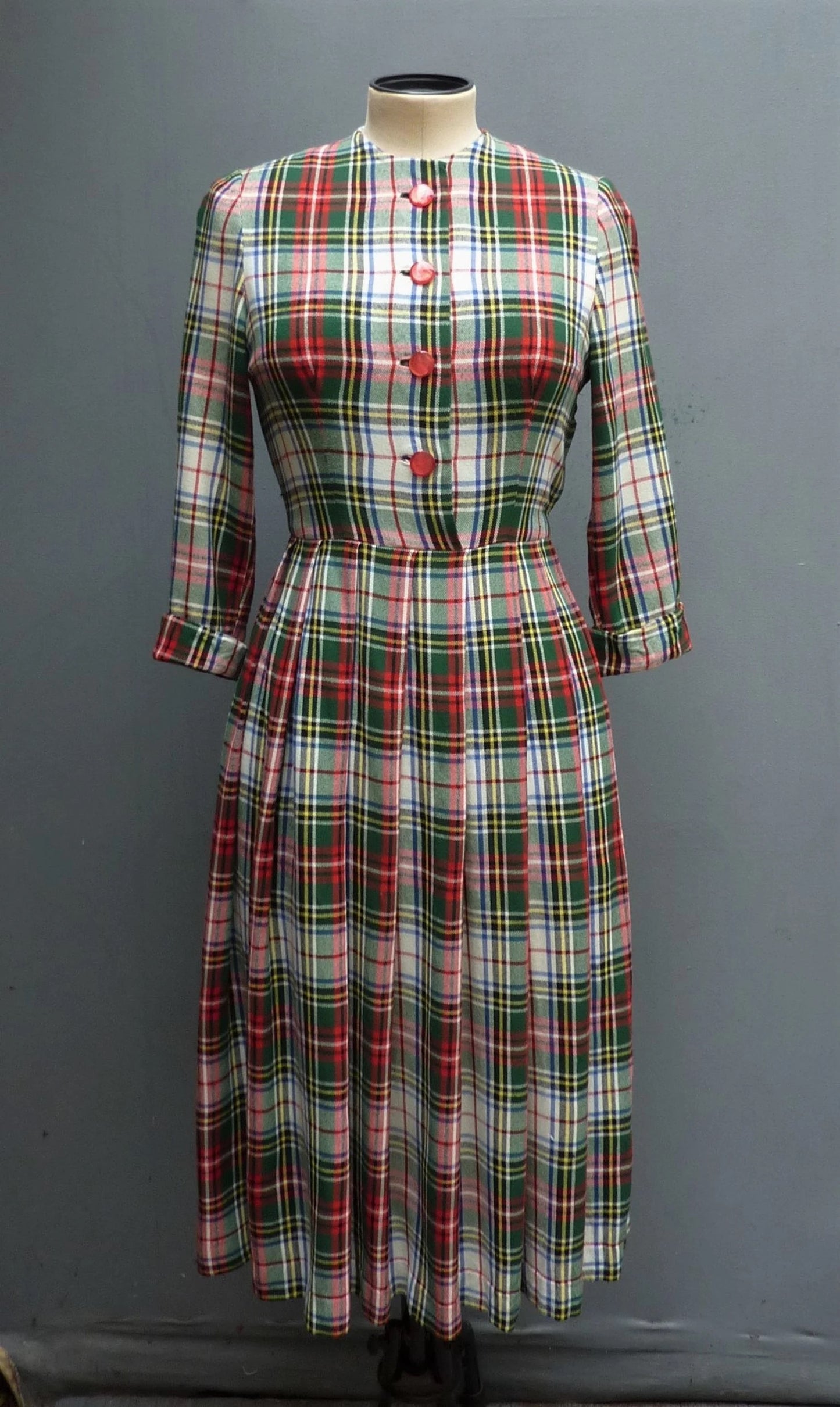 Original Vintage 1950s Plaid Checked Dress Wool Flannel Bust 30" Womens UK XXS