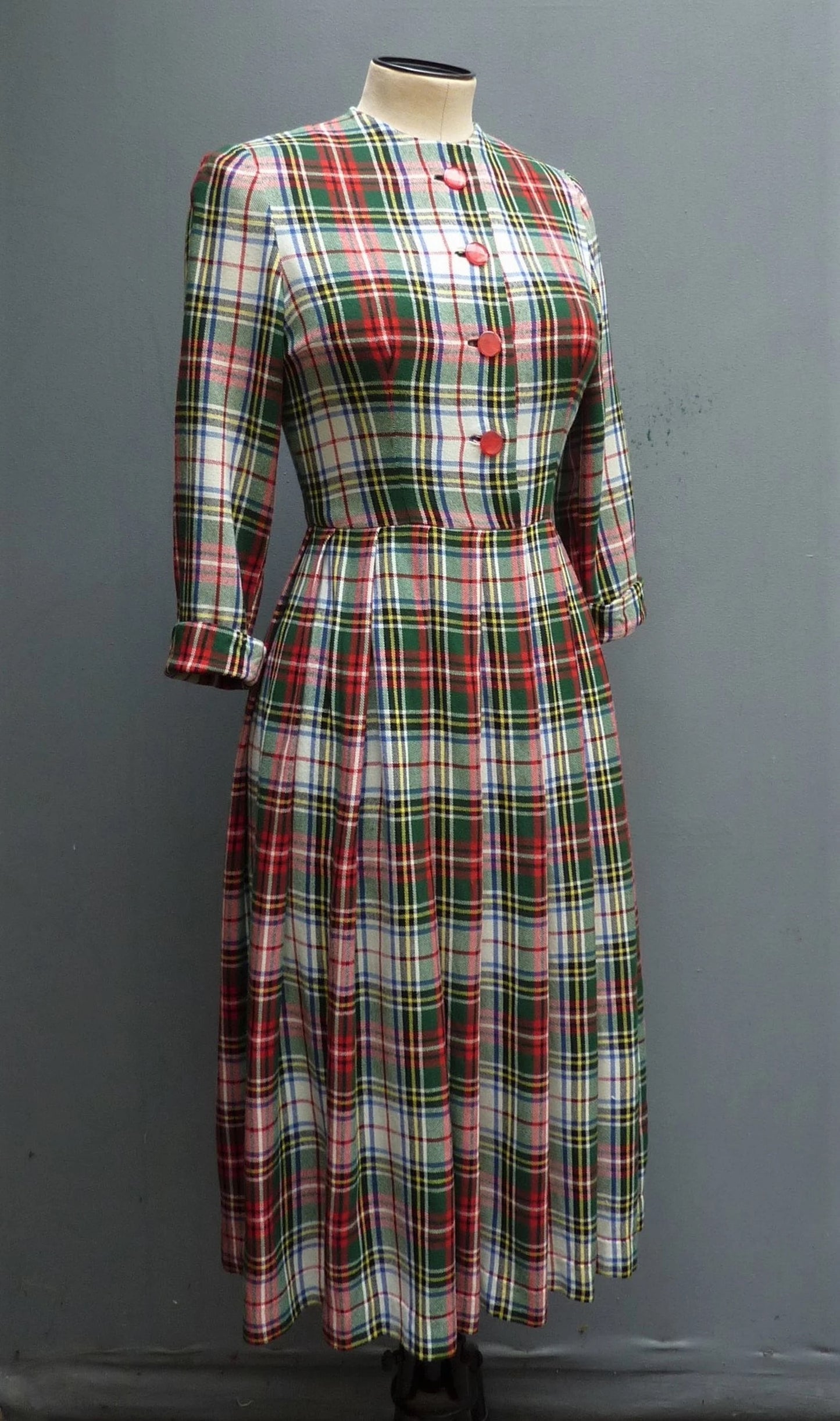 Original Vintage 1950s Plaid Checked Dress Wool Flannel Bust 30" Womens UK XXS