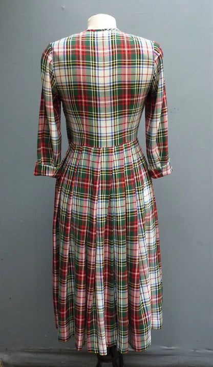 Original Vintage 1950s Plaid Checked Dress Wool Flannel Bust 30" Womens UK XXS