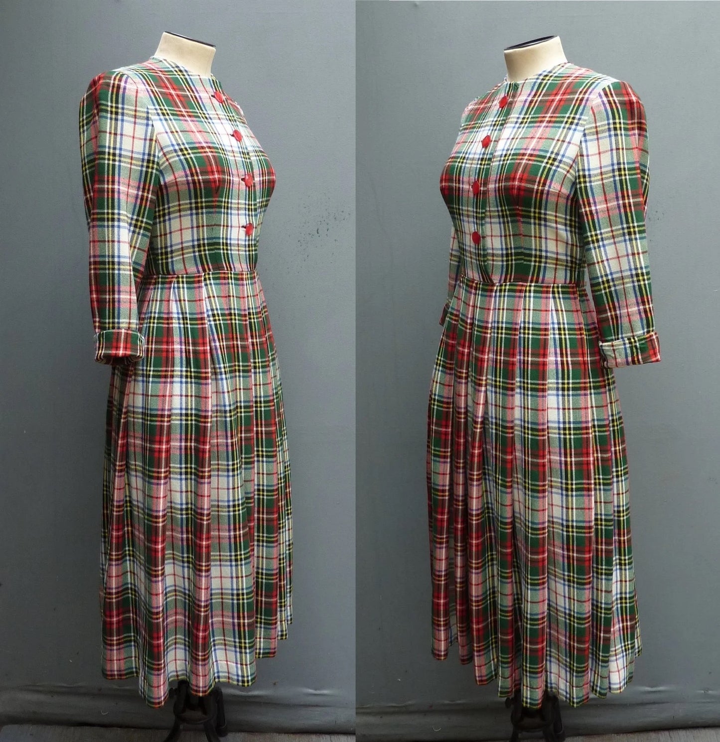 Original Vintage 1950s Plaid Checked Dress Wool Flannel Bust 30" Womens UK XXS