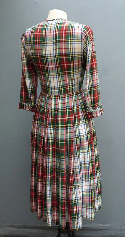 Original Vintage 1950s Plaid Checked Dress Wool Flannel Bust 30" Womens UK XXS