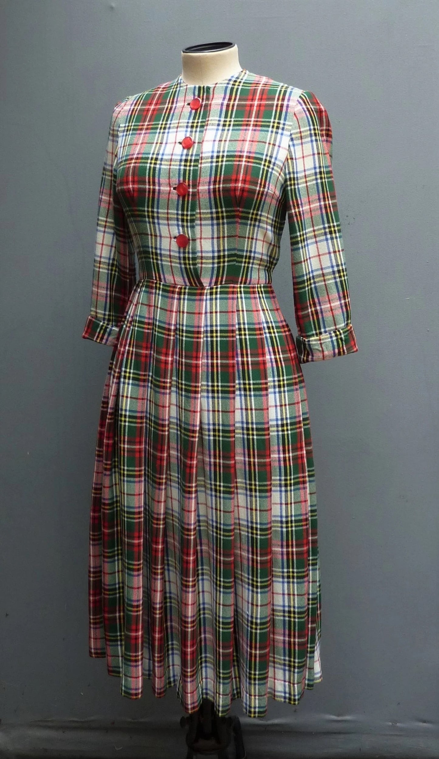 Original Vintage 1950s Plaid Checked Dress Wool Flannel Bust 30" Womens UK XXS