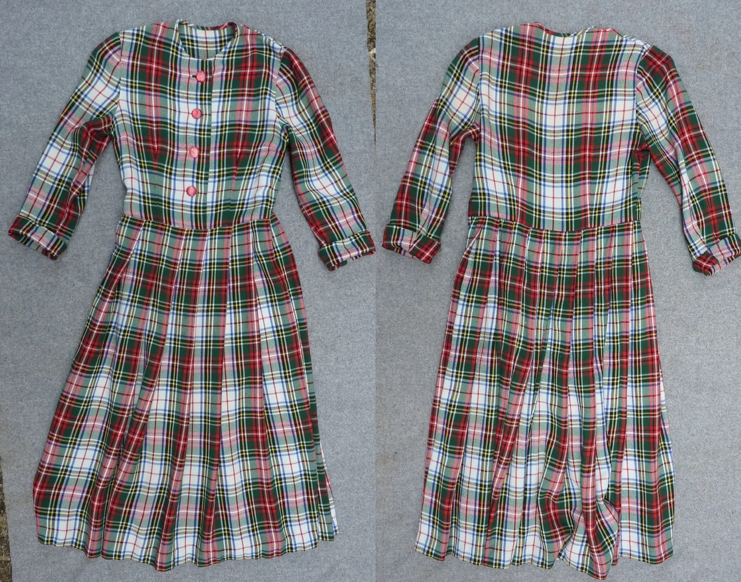 Original Vintage 1950s Plaid Checked Dress Wool Flannel Bust 30" Womens UK XXS