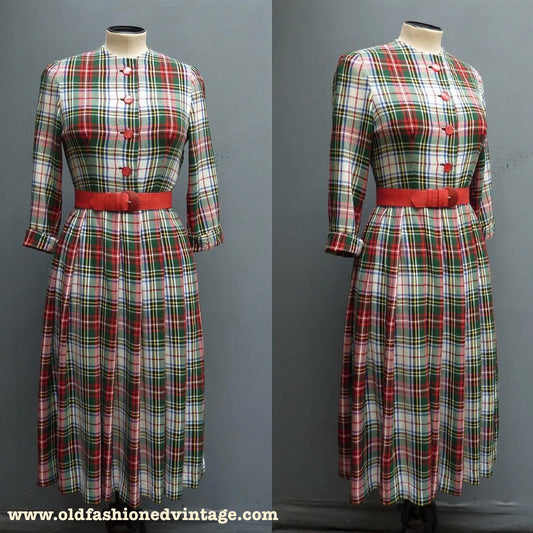 Original Vintage 1950s Plaid Checked Dress Wool Flannel Bust 30" Womens UK XXS