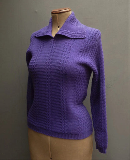 Vintage 1950s Purple Jumper Zig-zag Knit Collared Wool Sweater UK S/M