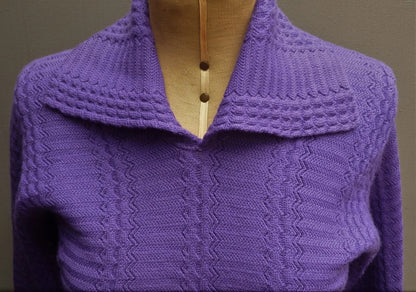 Vintage 1950s Purple Jumper Zig-zag Knit Collared Wool Sweater UK S/M