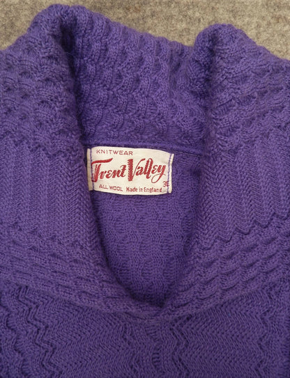 Vintage 1950s Purple Jumper Zig-zag Knit Collared Wool Sweater UK S/M