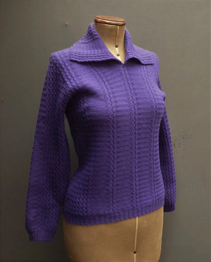 Vintage 1950s Purple Jumper Zig-zag Knit Collared Wool Sweater UK S/M