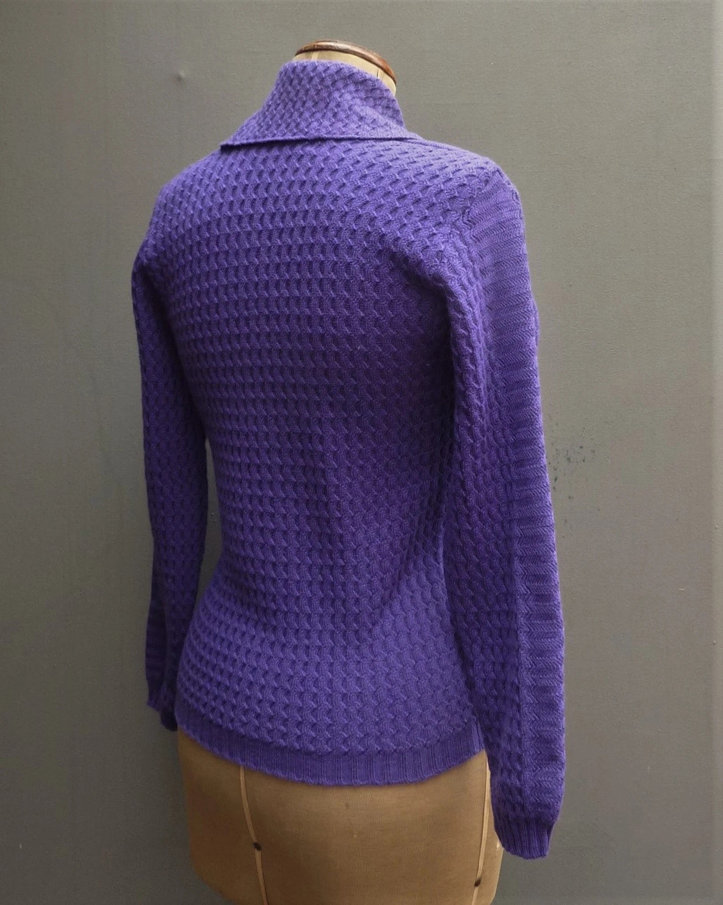 Vintage 1950s Purple Jumper Zig-zag Knit Collared Wool Sweater UK S/M