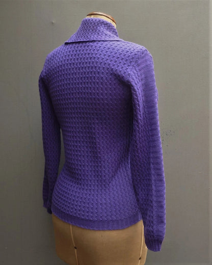 Vintage 1950s Purple Jumper Zig-zag Knit Collared Wool Sweater UK S/M