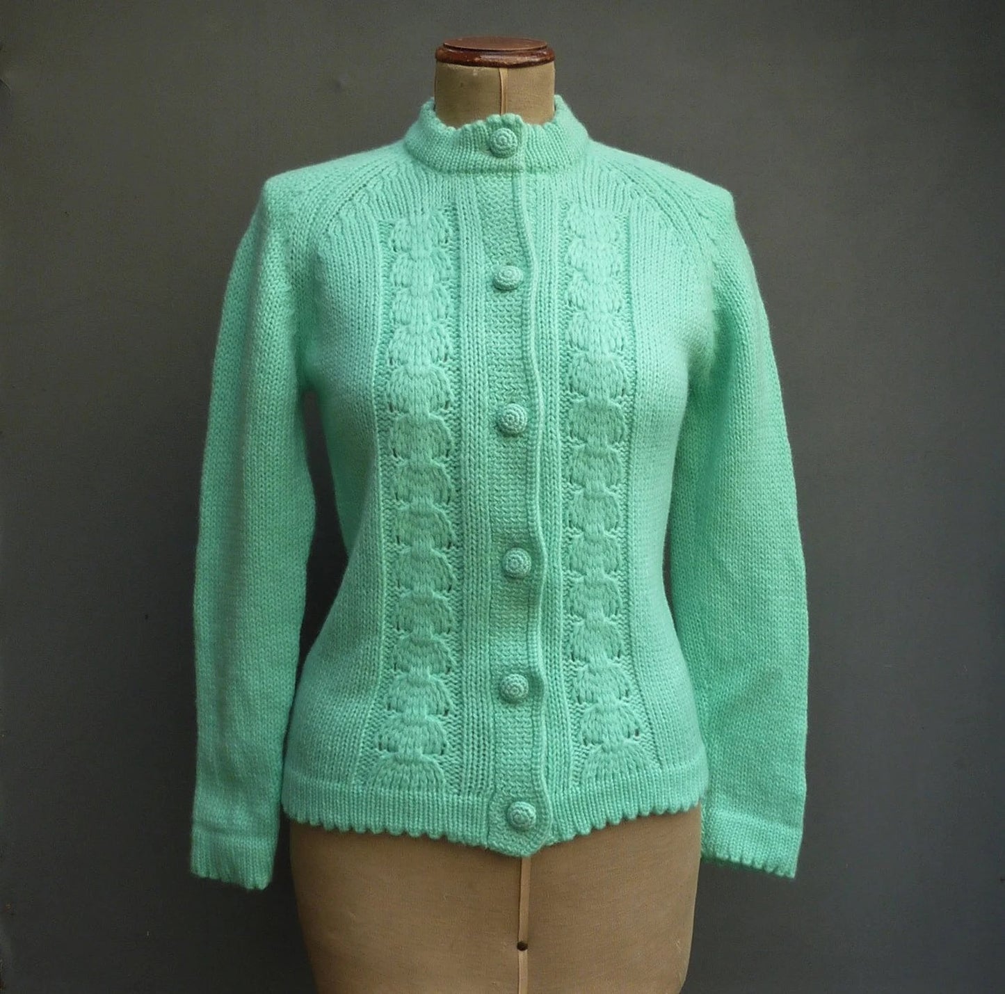 Original Vintage 1960s Hand Knitted Cardigan Jacket Cable Knit Spearmint Green UK S/M