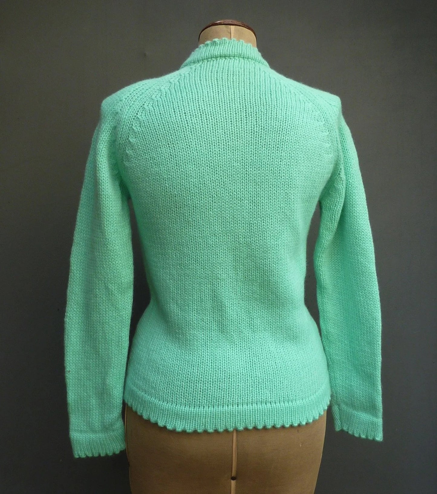 Original Vintage 1960s Hand Knitted Cardigan Jacket Cable Knit Spearmint Green UK S/M