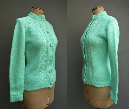 Original Vintage 1960s Hand Knitted Cardigan Jacket Cable Knit Spearmint Green UK S/M