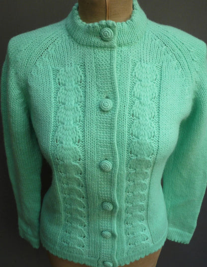 Original Vintage 1960s Hand Knitted Cardigan Jacket Cable Knit Spearmint Green UK S/M