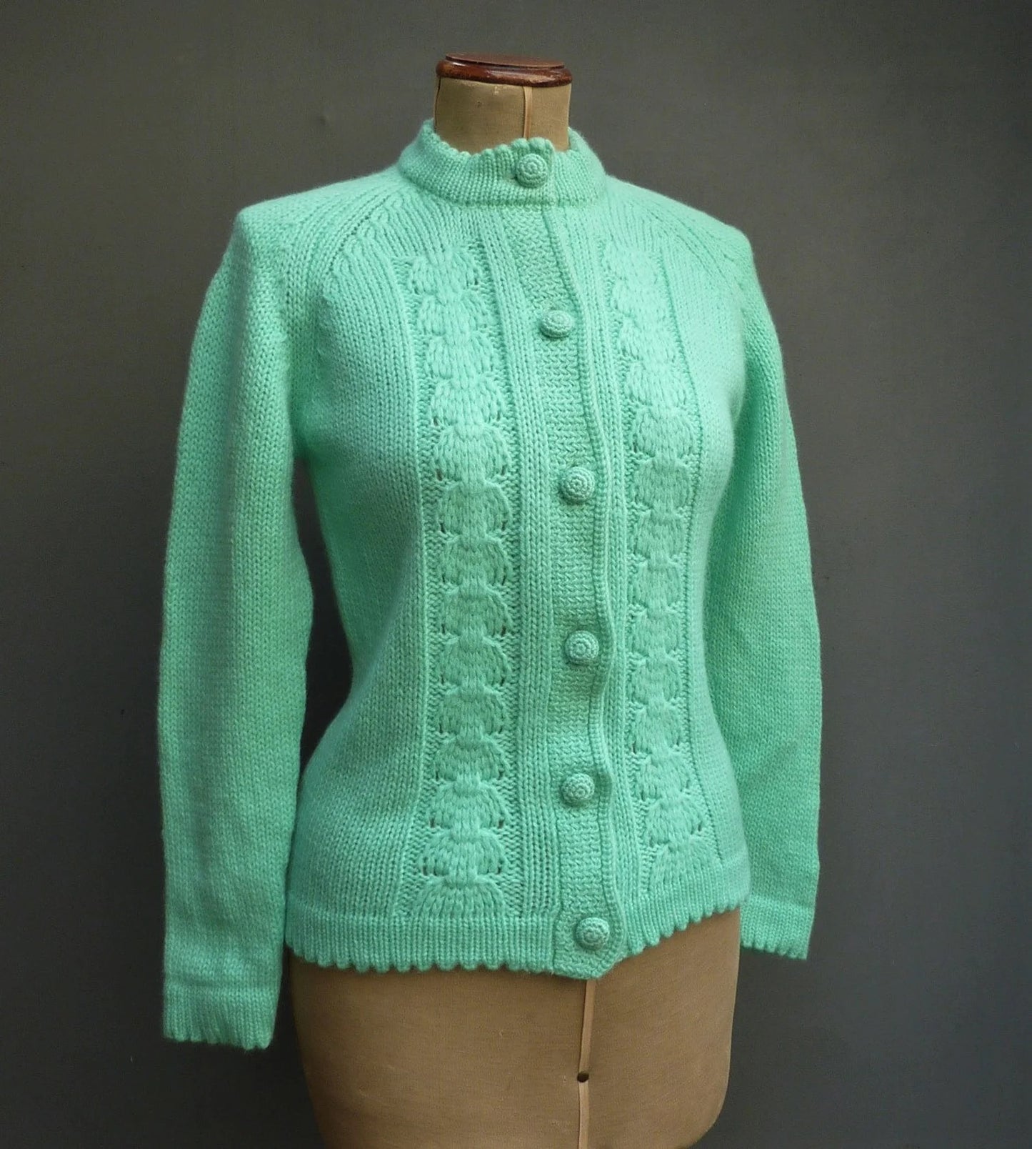 Original Vintage 1960s Hand Knitted Cardigan Jacket Cable Knit Spearmint Green UK S/M