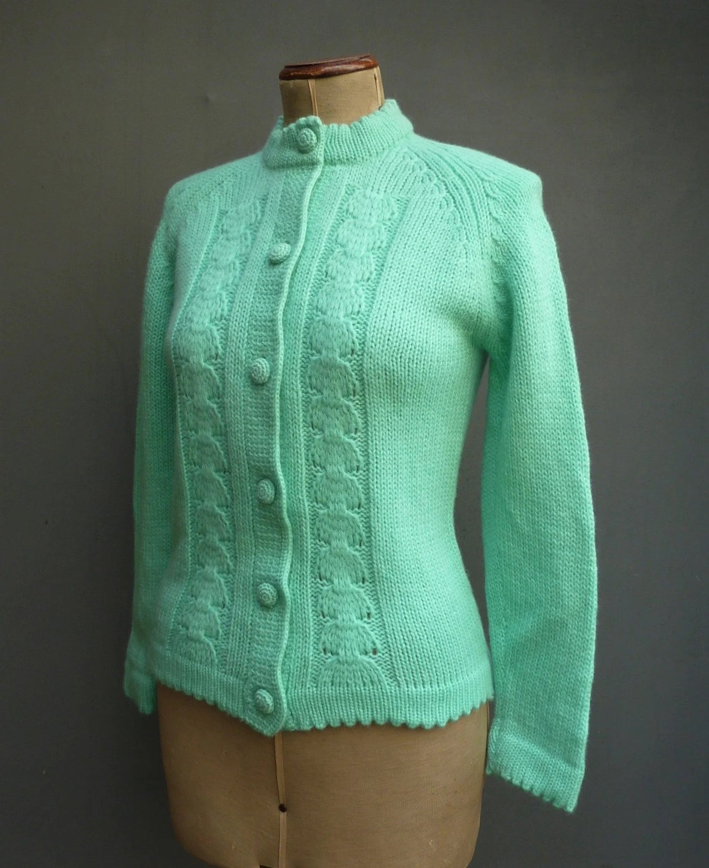 Original Vintage 1960s Hand Knitted Cardigan Jacket Cable Knit Spearmint Green UK S/M