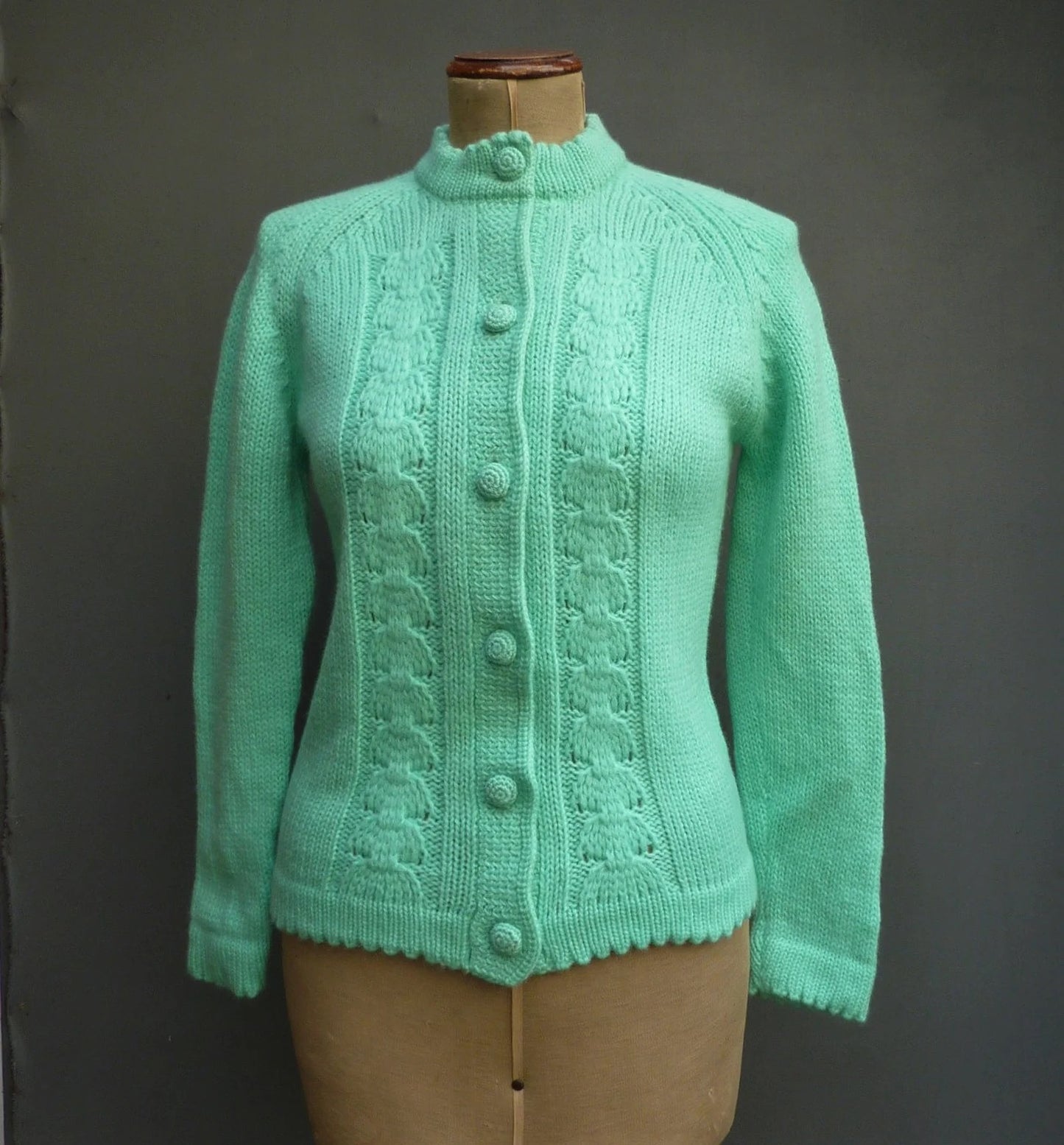 Original Vintage 1960s Hand Knitted Cardigan Jacket Cable Knit Spearmint Green UK S/M