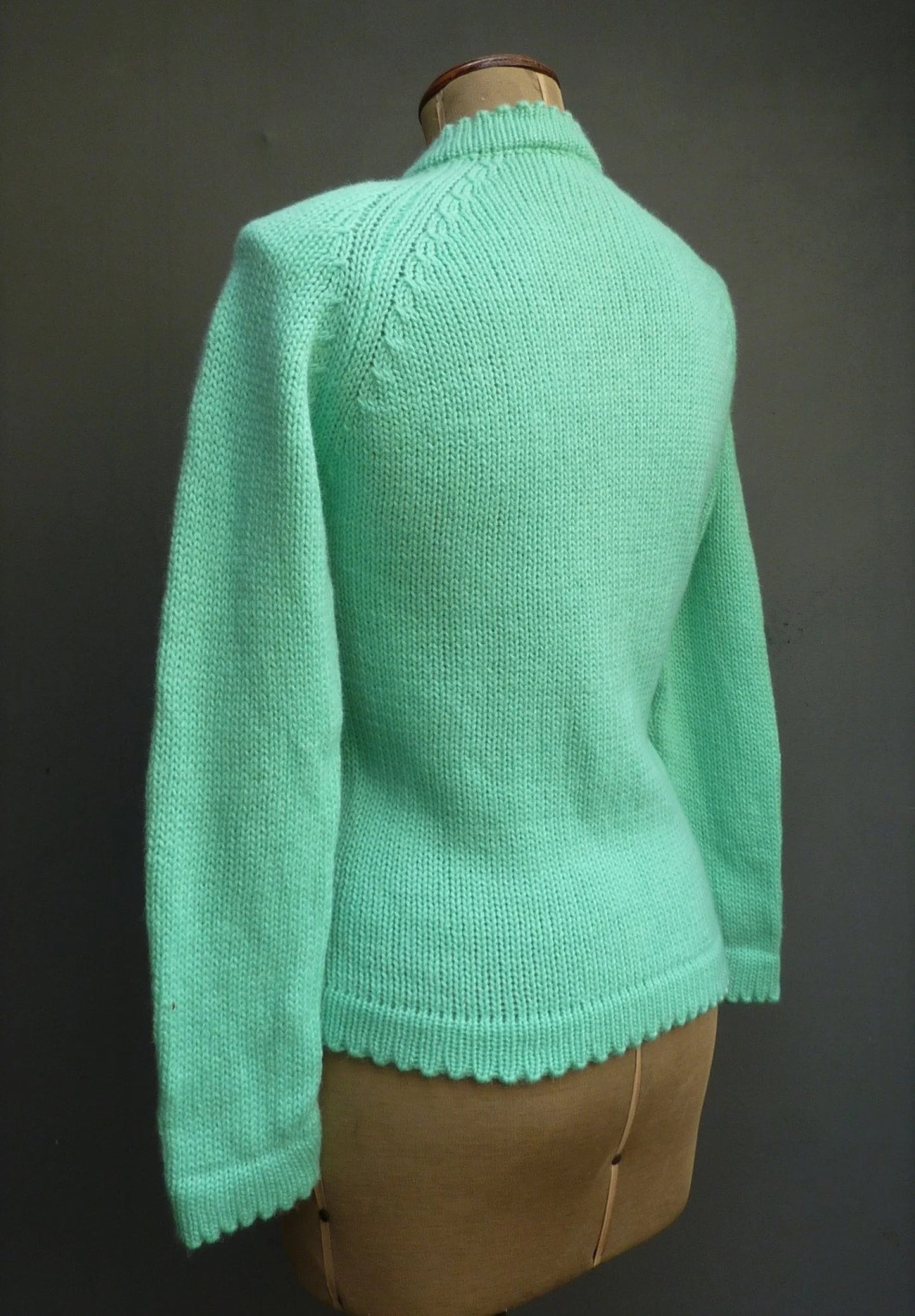 Original Vintage 1960s Hand Knitted Cardigan Jacket Cable Knit Spearmint Green UK S/M