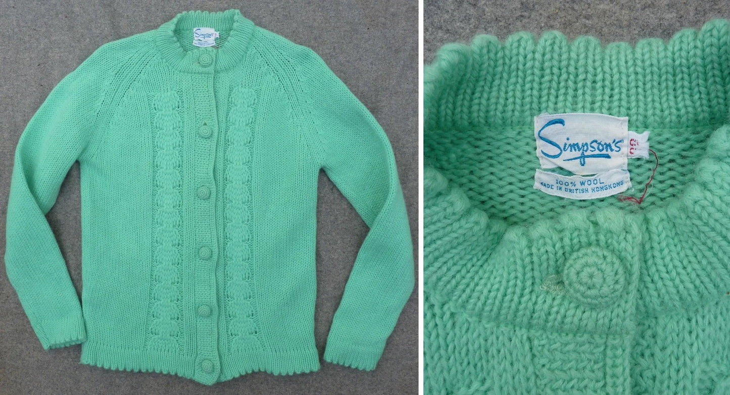 Original Vintage 1960s Hand Knitted Cardigan Jacket Cable Knit Spearmint Green UK S/M