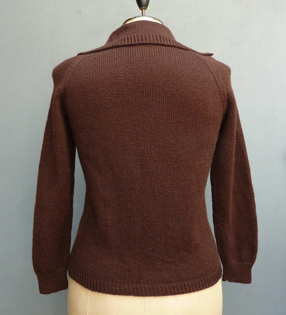 Vintage Hand Knitted 1950s 60s Chocolate Brown Raglan Cardigan UK L