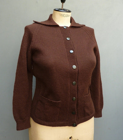 Vintage Hand Knitted 1950s 60s Chocolate Brown Raglan Cardigan UK L