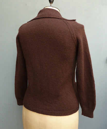 Vintage Hand Knitted 1950s 60s Chocolate Brown Raglan Cardigan UK L