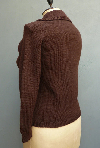 Vintage Hand Knitted 1950s 60s Chocolate Brown Raglan Cardigan UK L