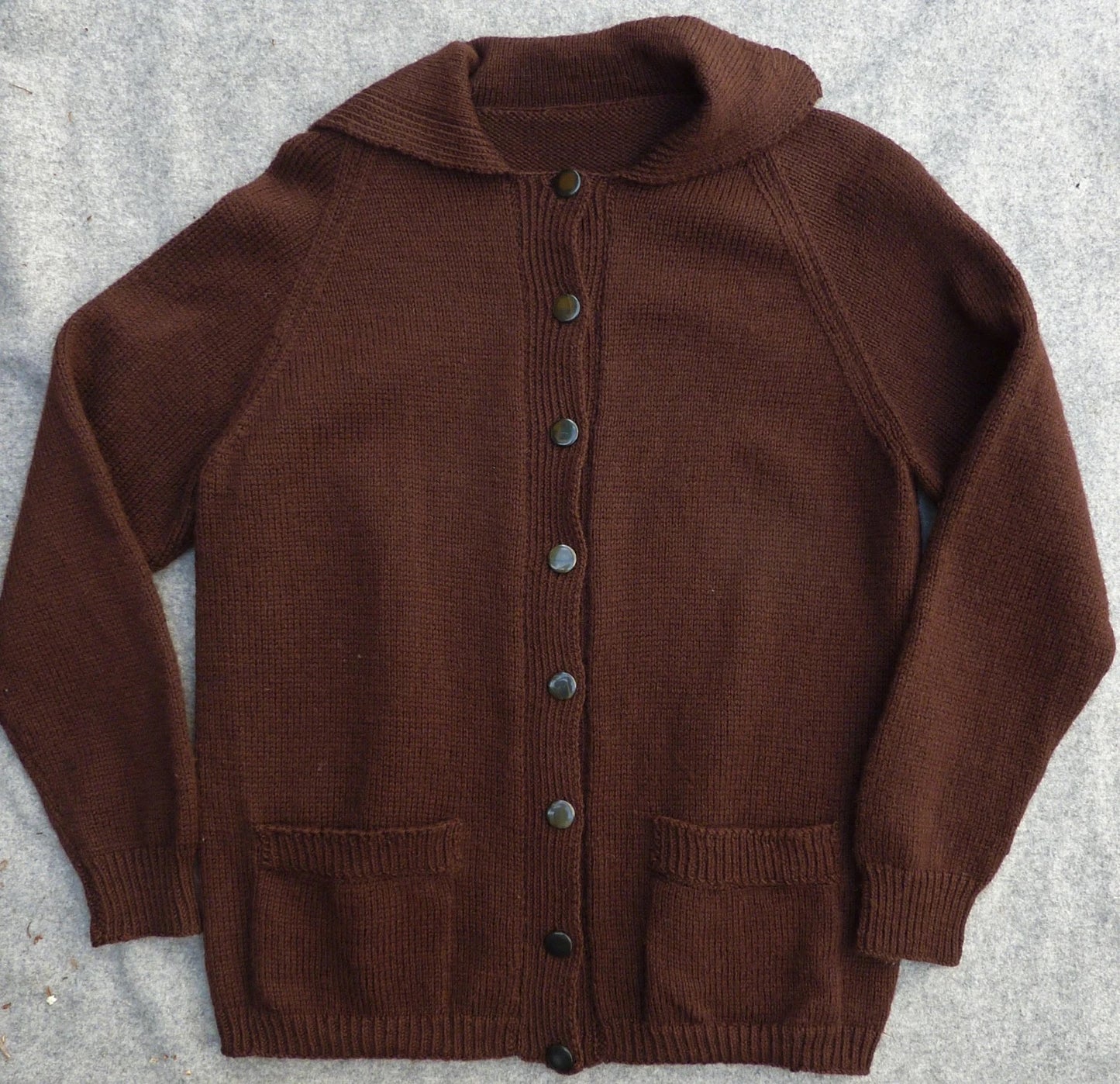 Vintage Hand Knitted 1950s 60s Chocolate Brown Raglan Cardigan UK L