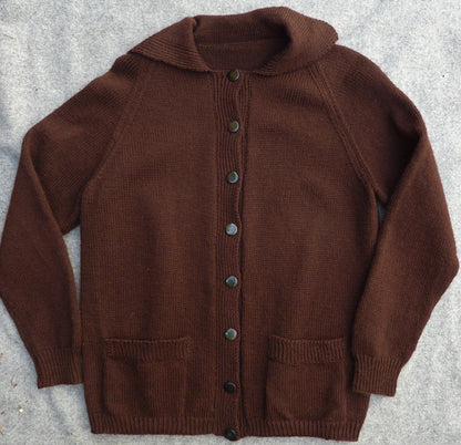 Vintage Hand Knitted 1950s 60s Chocolate Brown Raglan Cardigan UK L