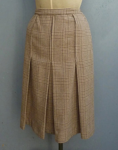 Vintage 1980s Tweed Checked Skirt Plaid Brown Wool High Waist UK S